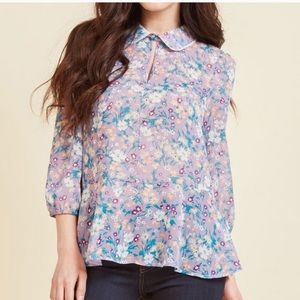 ModCloth Blouse Women Small Lavender Floral Peplum Lace Collar Keyhole Boho Top